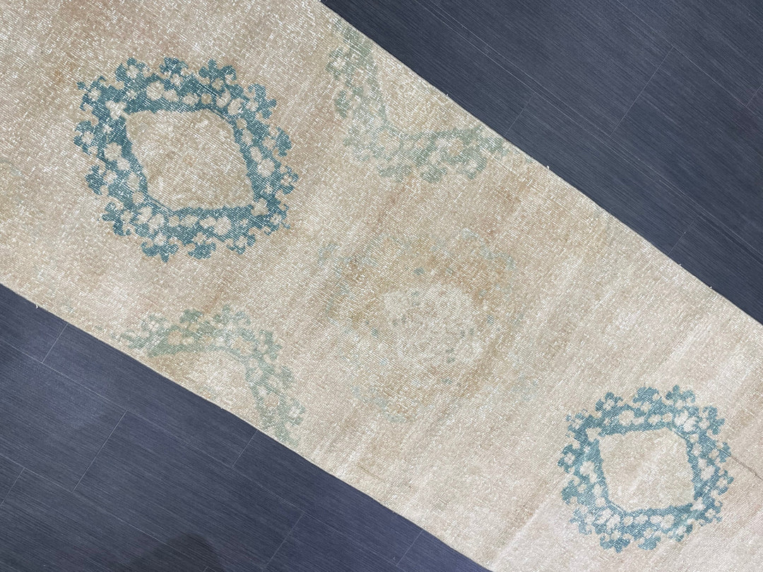 Beige Turkish Runner Rug 3' x 12' 1" Hand-Knotted border