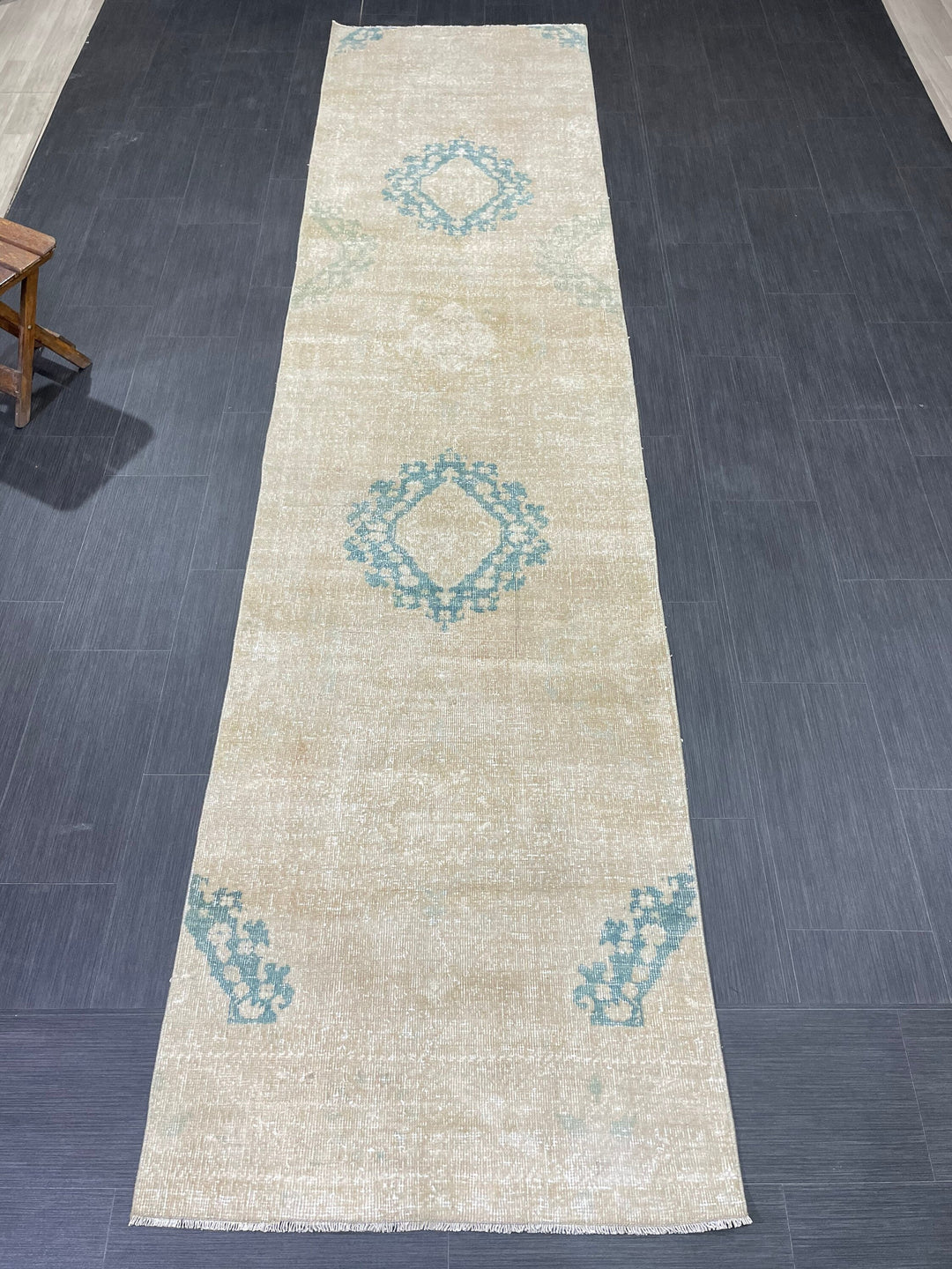 Beige Turkish Runner Rug 3' x 12' 1" Hand-Knotted field
