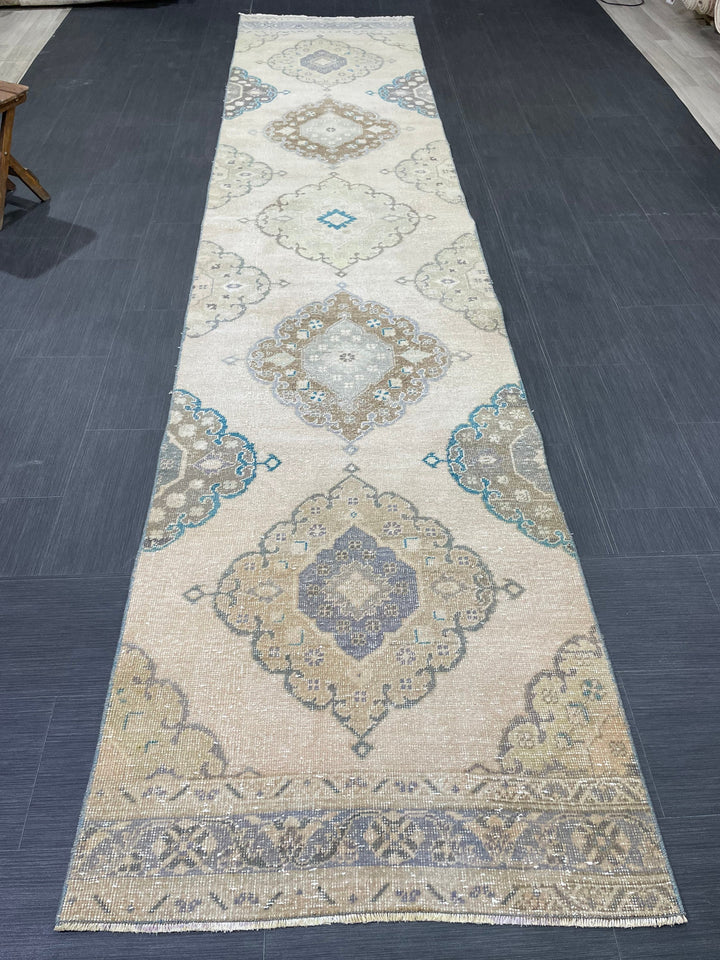 Beige Turkish Runner Rug 2' 11" x 13' 8" Hand-Knotted field