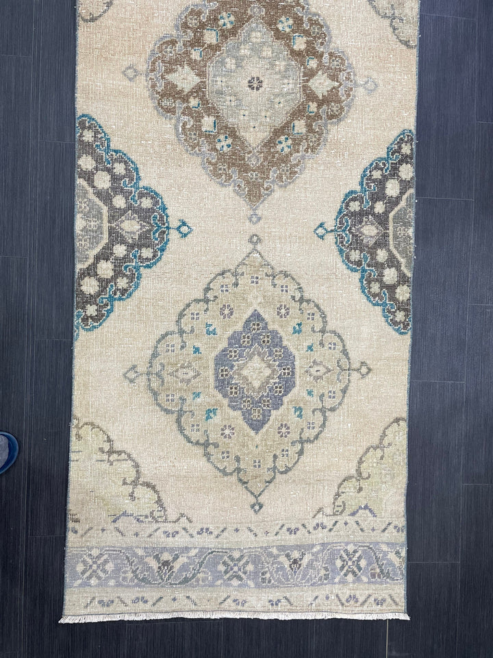 Beige Turkish Runner Rug 2' 11" x 13' 8" Hand-Knotted reverse