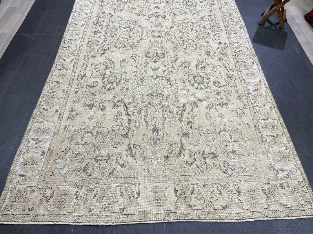 Beige Turkish Distressed Oushak Rug 6' 2" x 12' Hand-Knotted | No. WR26191