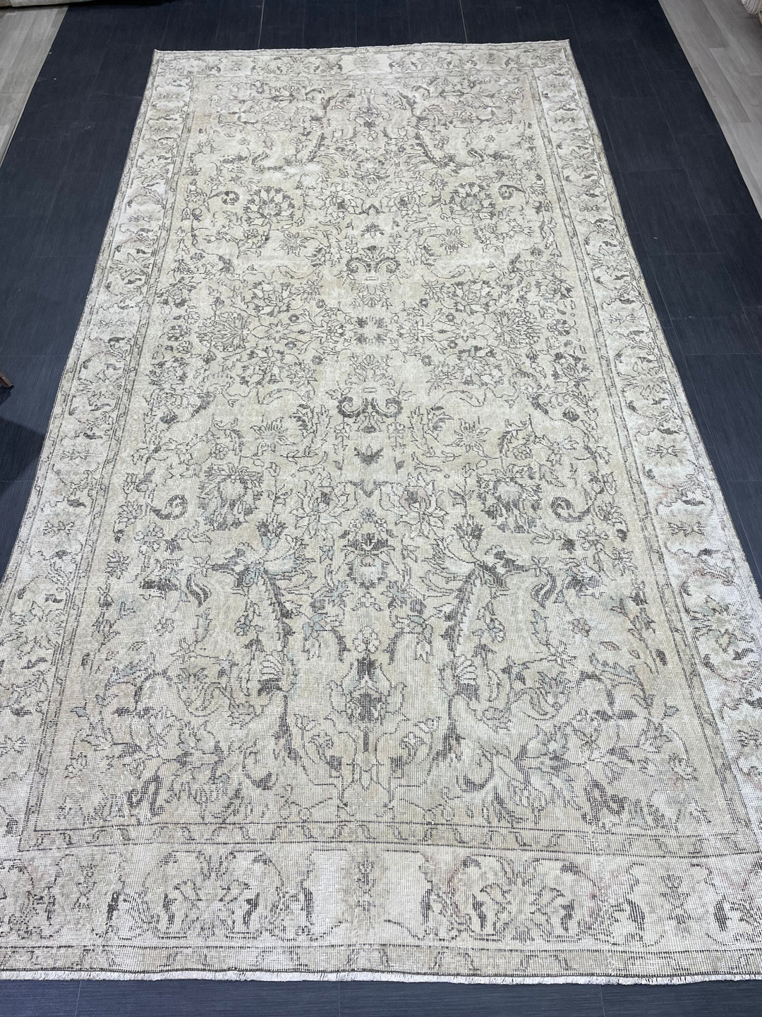 Beige Turkish Distressed Oushak Rug 6' 2" x 12' Hand-Knotted | No. WR26191