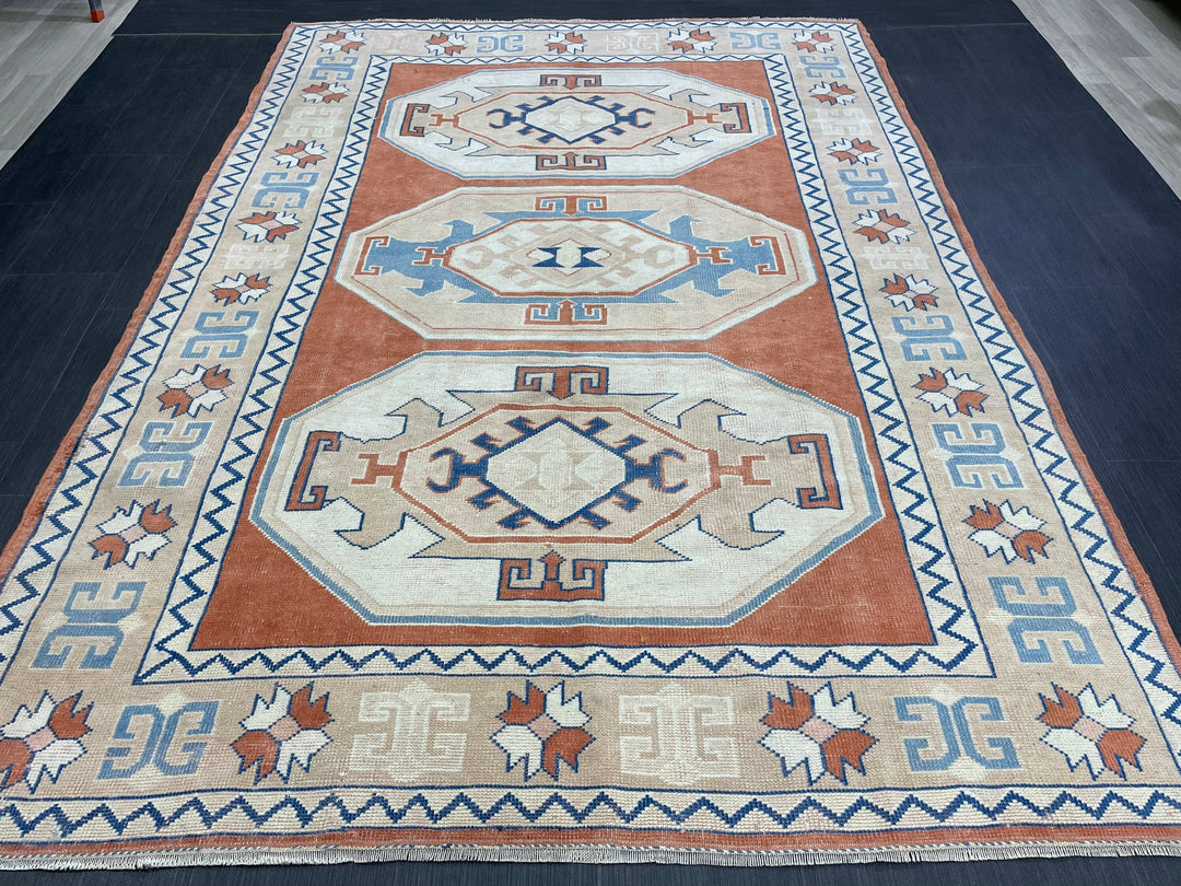Orange Turkish Runner Rug 5' 11" x 8' 5" Hand-Knotted border