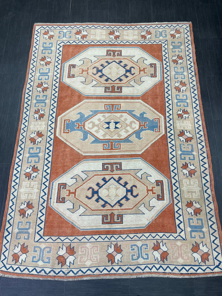 Orange Turkish Runner Rug 5' 11" x 8' 5" Hand-Knotted texture