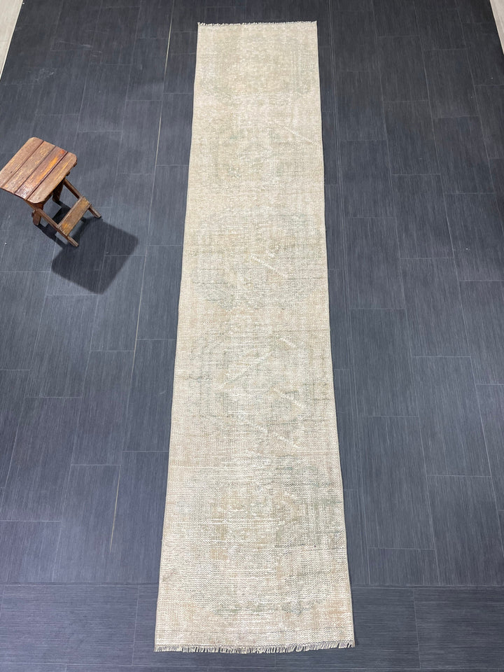 Beige Turkish Runner Rug 2' 4" x 10' 7" Hand-Knotted field
