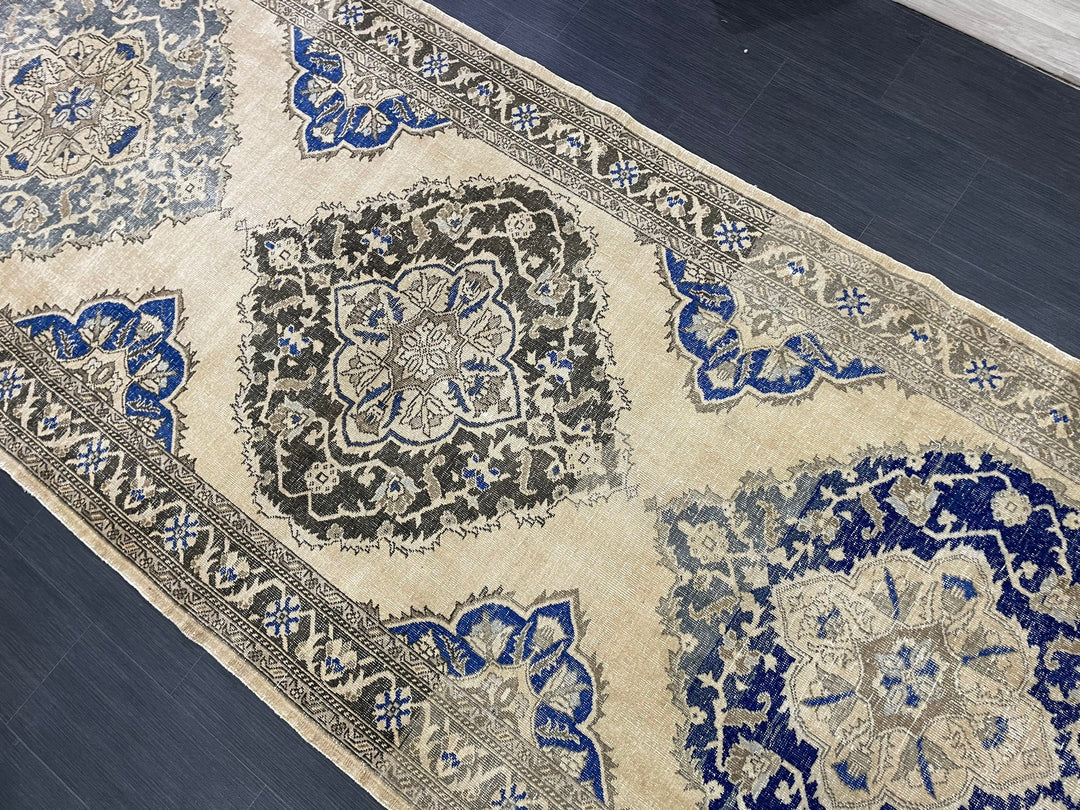 Tan Turkish Runner Rug 4' 9" x 13' 1" Hand-Knotted pattern