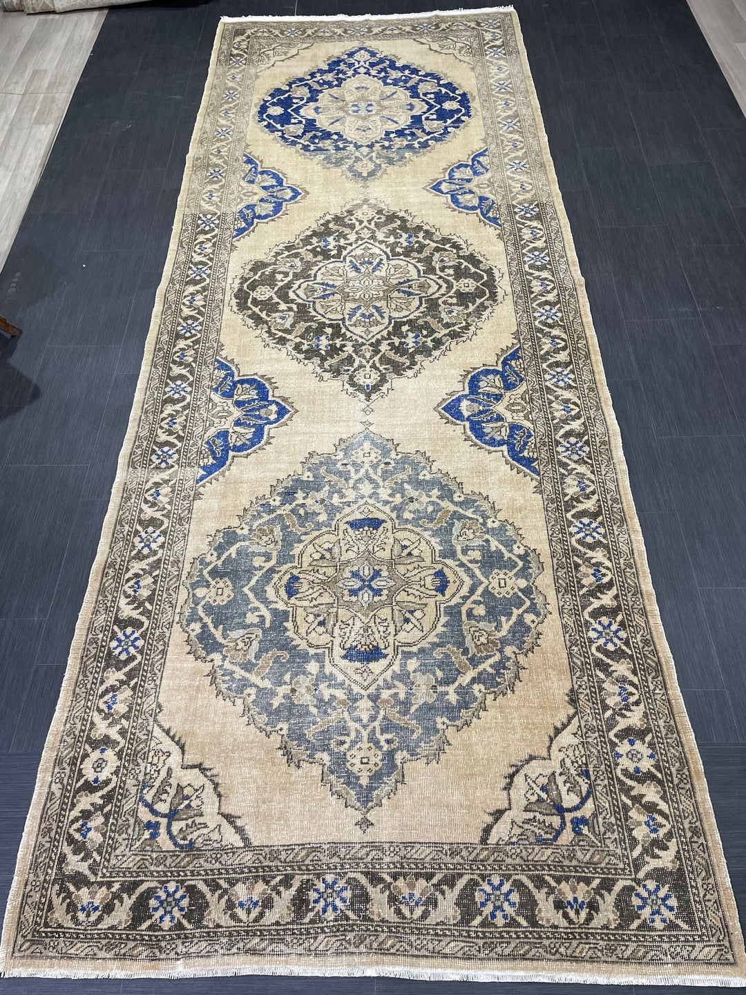 Tan Turkish Runner Rug 4' 9" x 13' 1" Hand-Knotted border