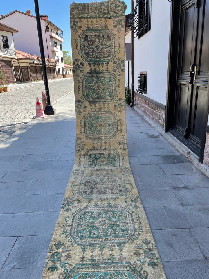 Beige Turkish Runner Rug 2' 7" x 19' 8" Hand-Knotted pattern