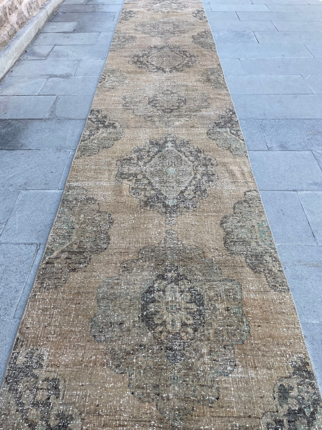 Beige Turkish Runner Rug 2' 10" x 17' 9" Hand-Knotted close-up