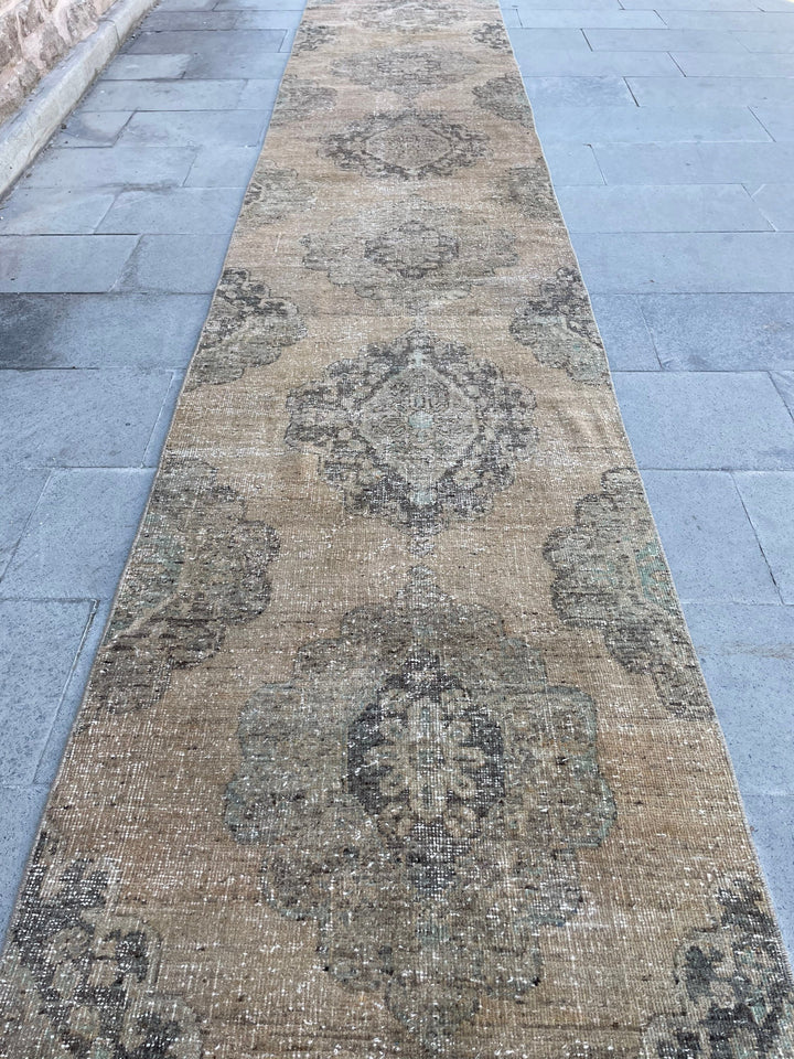 Beige Turkish Runner Rug 2' 10" x 17' 9" Hand-Knotted close-up