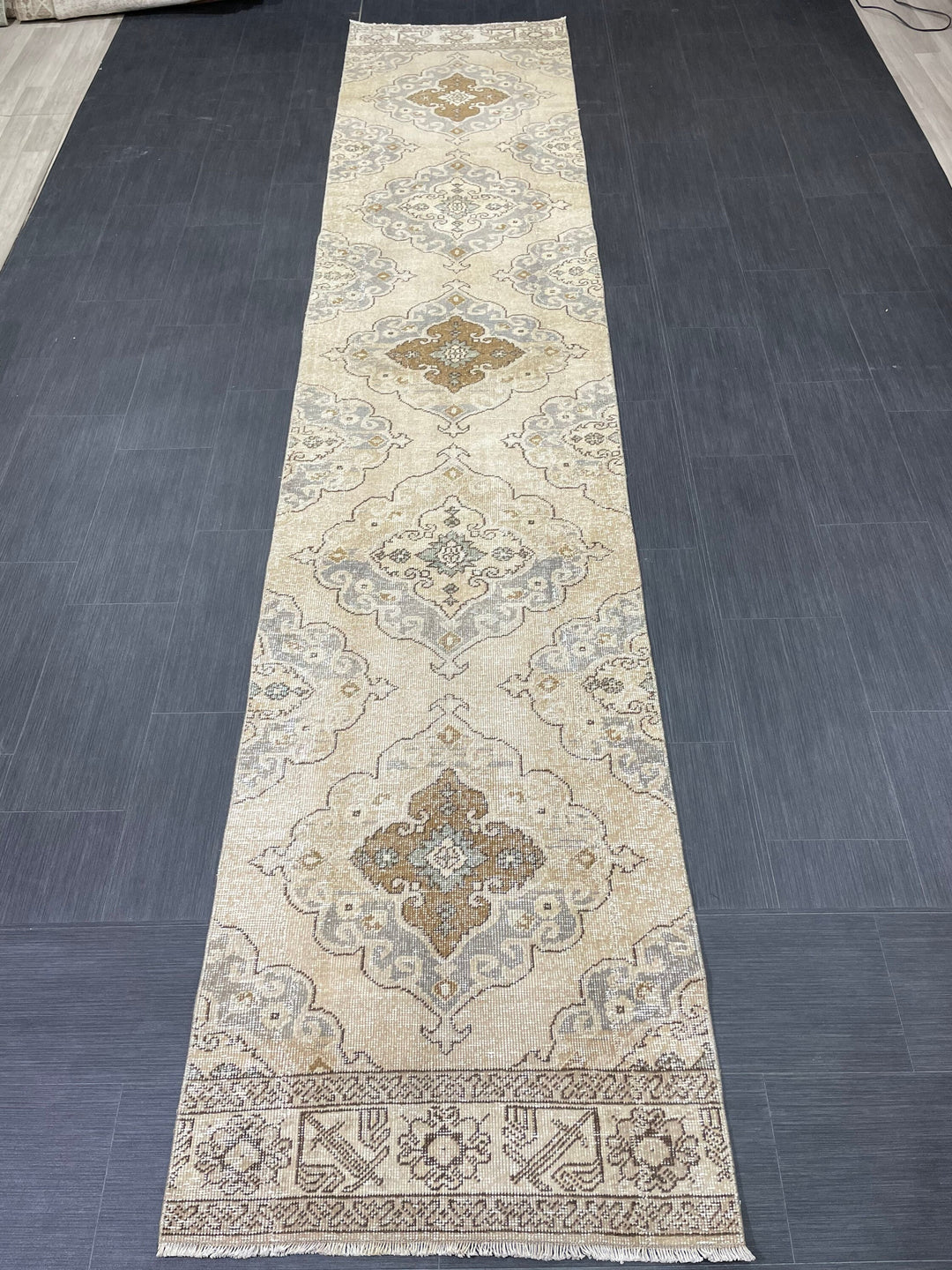 Beige Turkish Runner Rug 2' 9" x 13' 2" Hand-Knotted border