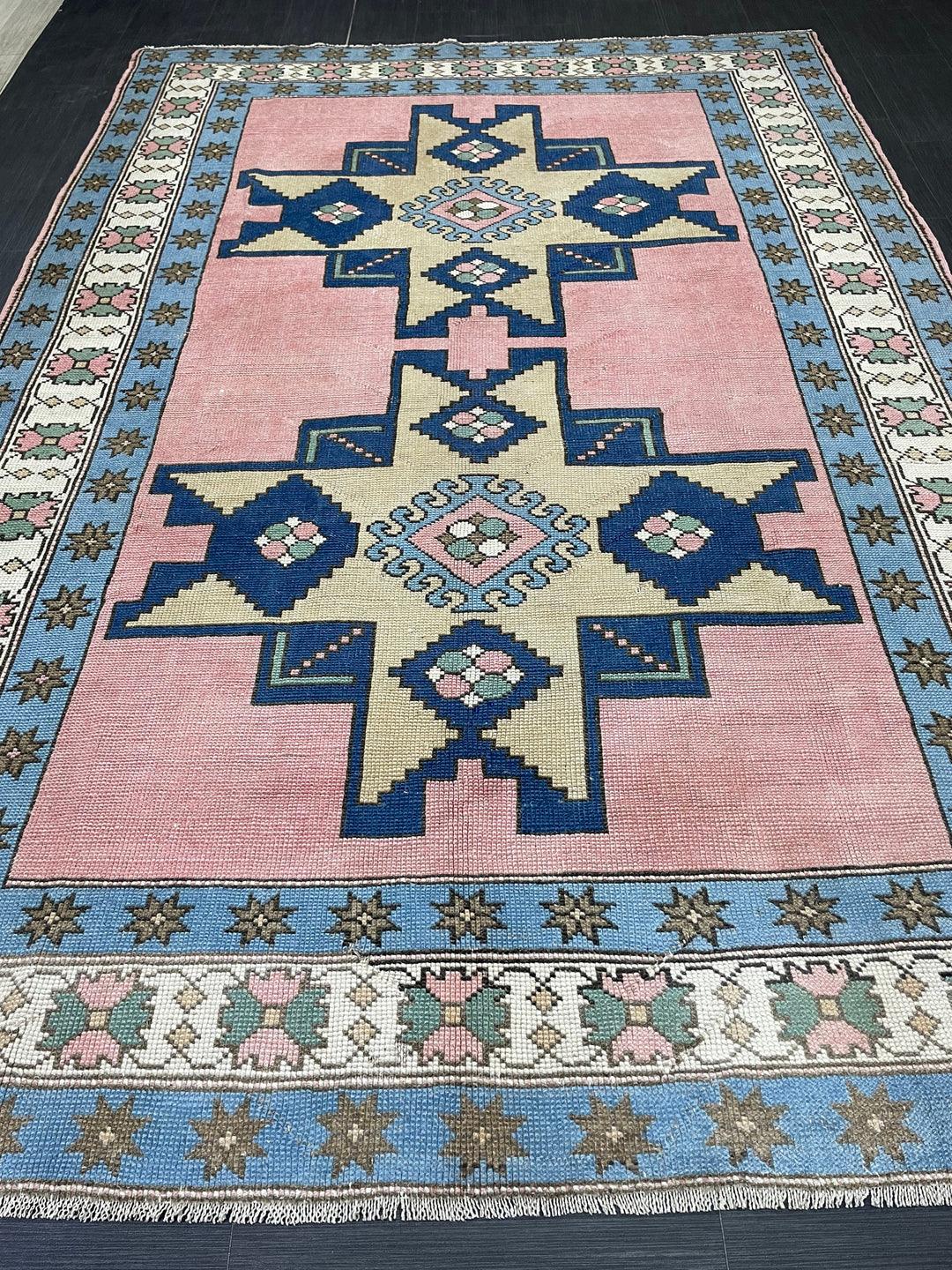 Blue Turkish Vintage Rug 6' 8" x 9' 10" Hand-Knotted reverse