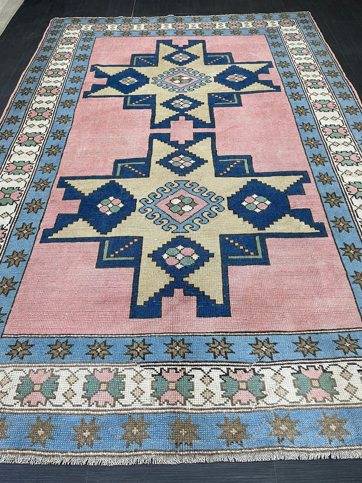 Blue Turkish Vintage Rug 6' 8" x 9' 10" Hand-Knotted reverse