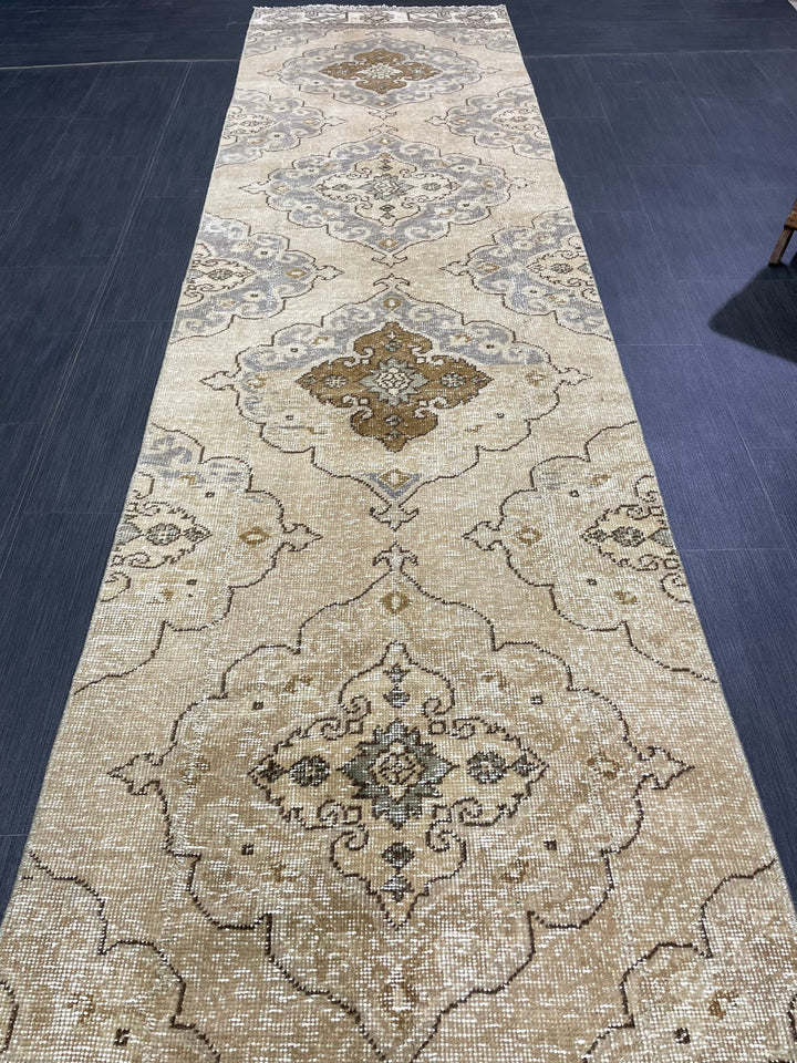 Beige Turkish Runner Rug 2' 9" x 13' 7" Hand-Knotted close-up
