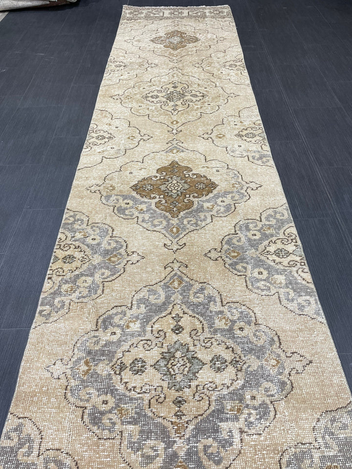 Beige Turkish Runner Rug 2' 9" x 13' 7" Hand-Knotted field