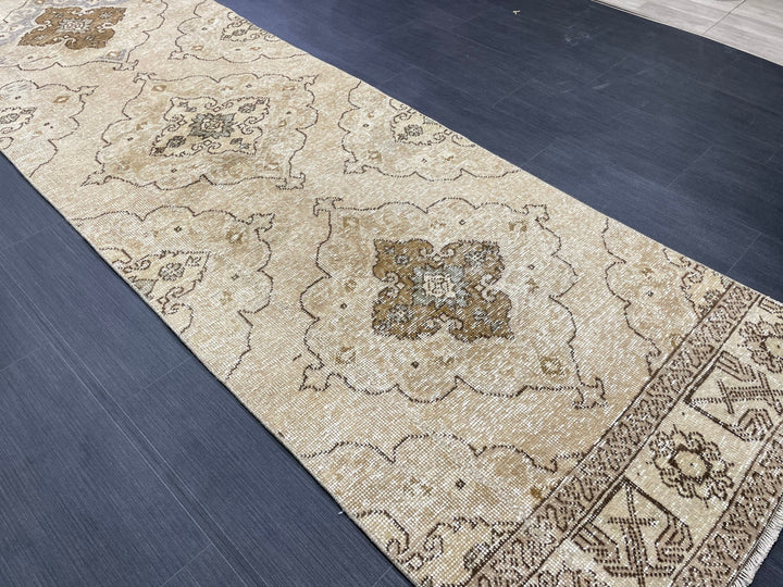 Beige Turkish Runner Rug 2' 9" x 13' 7" Hand-Knotted reverse