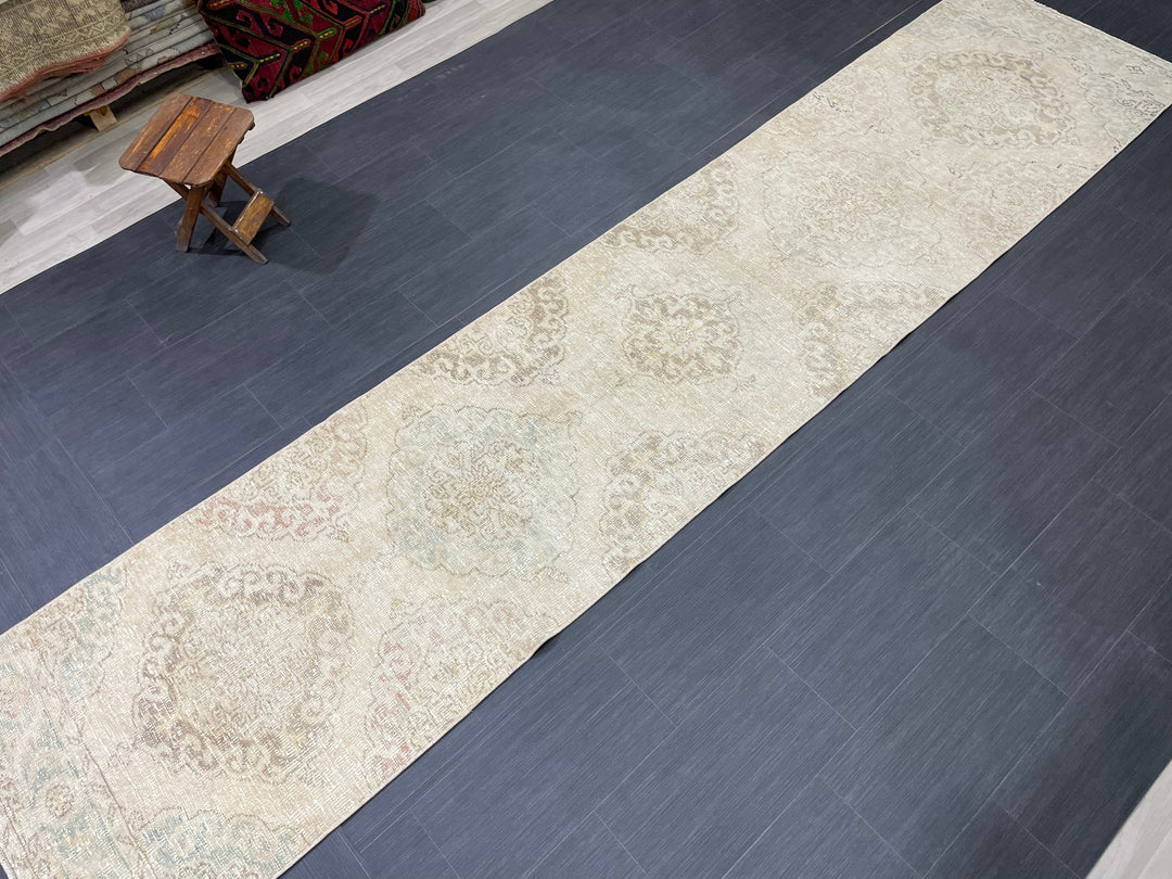Beige Turkish Runner Rug 2' 9" x 12' 8" Hand-Knotted close-up