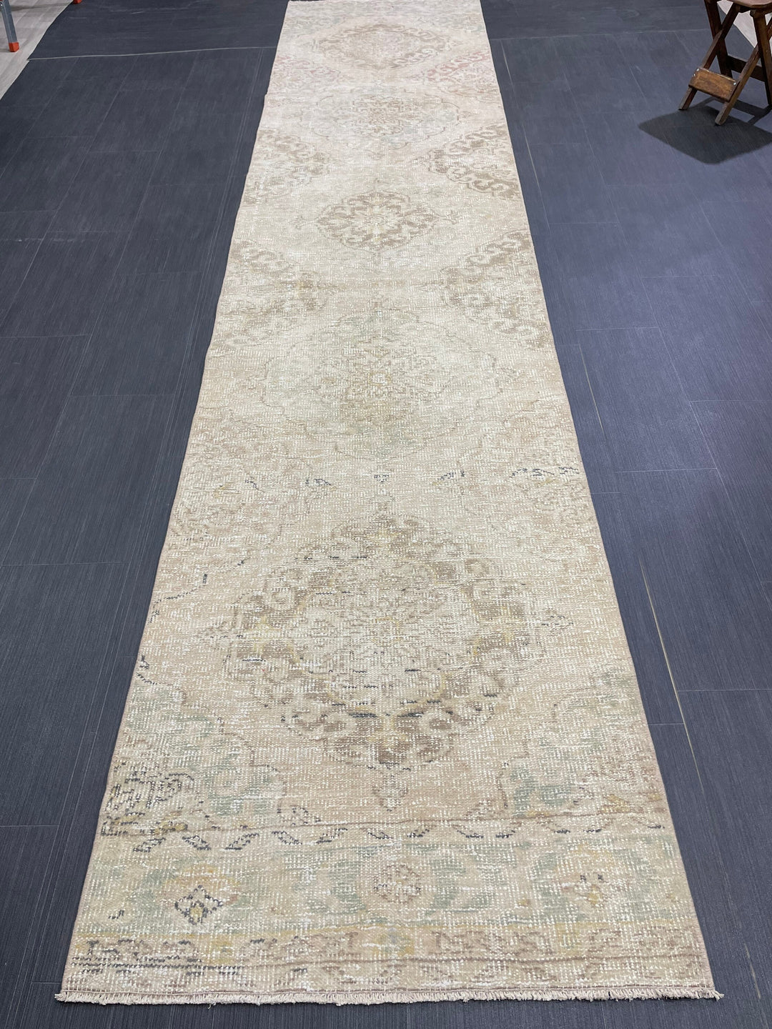 Beige Turkish Runner Rug 2' 9" x 12' 8" Hand-Knotted reverse