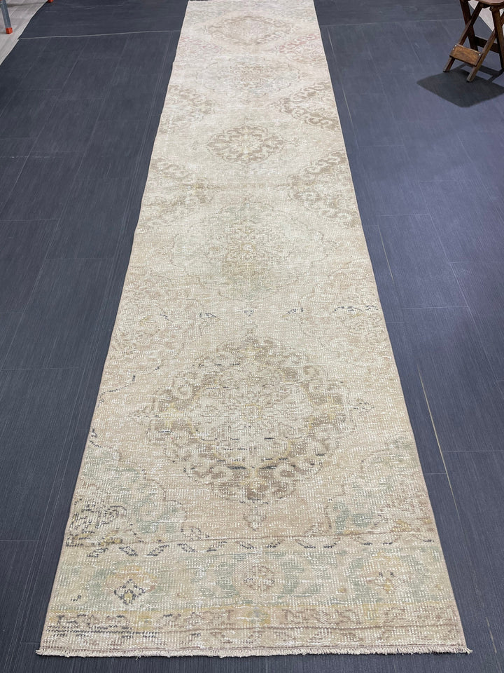 Beige Turkish Runner Rug 2' 9" x 12' 8" Hand-Knotted reverse
