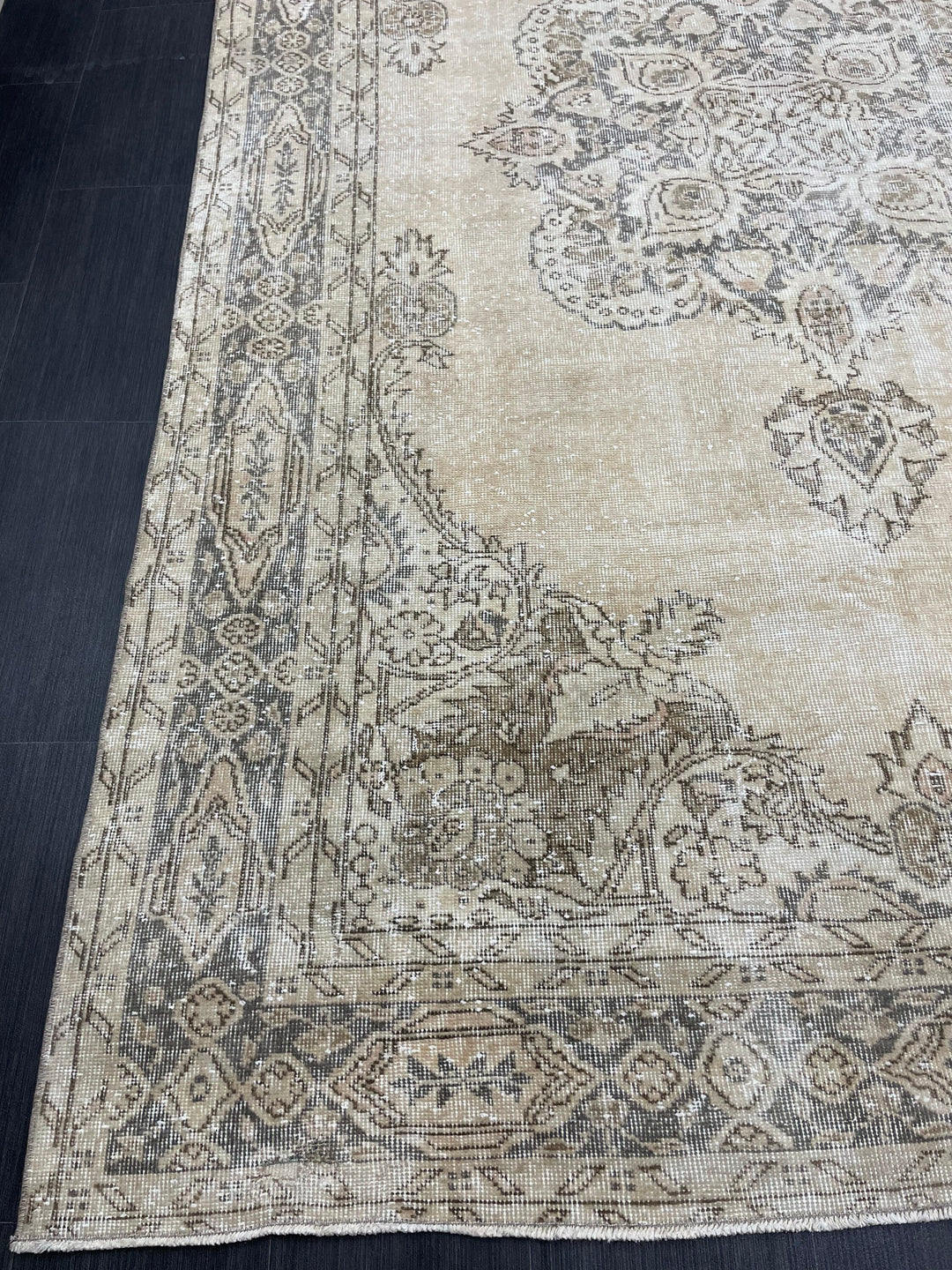 Beige Turkish Oushak Rug 6' 7" x 10' 6" Hand-Knotted border