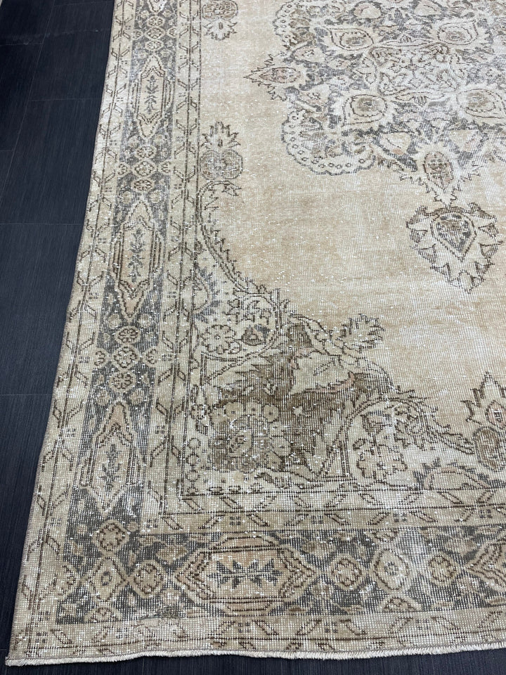 Beige Turkish Oushak Rug 6' 7" x 10' 6" Hand-Knotted border