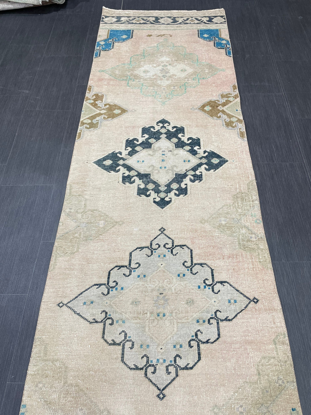 Beige Turkish Runner Rug 2' 9" x 13' 1" Hand-Knotted close-up