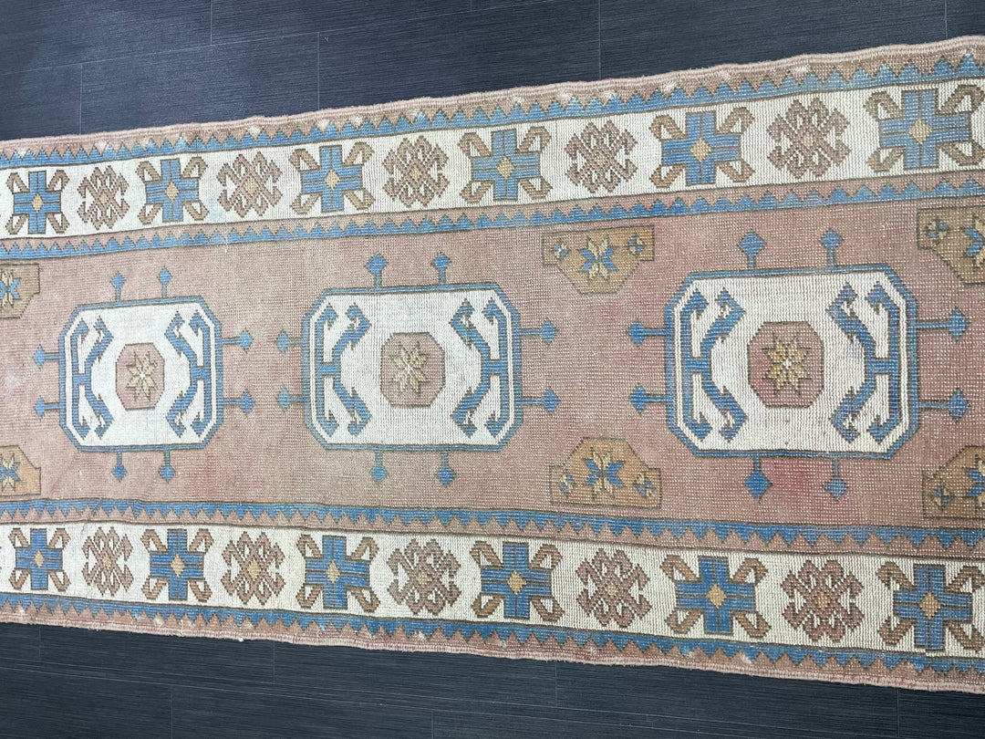 Beige Turkish Runner Rug 3' 1" x 10' 4" Hand-Knotted close-up