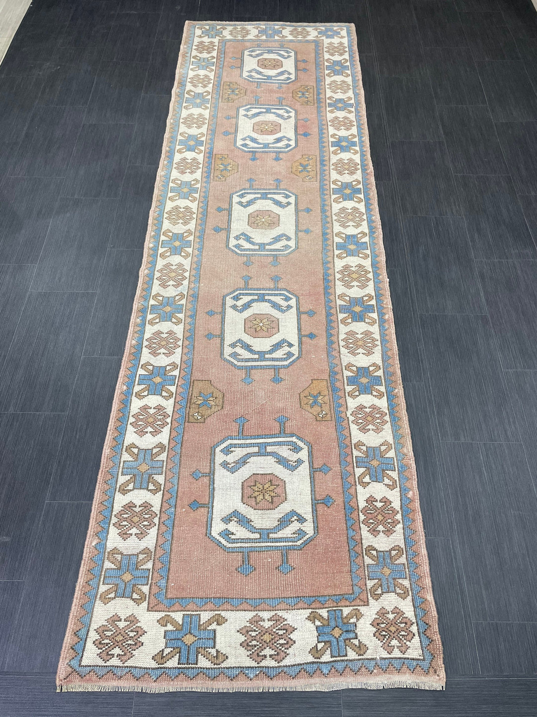 Beige Turkish Runner Rug 3' 1" x 10' 4" Hand-Knotted pattern