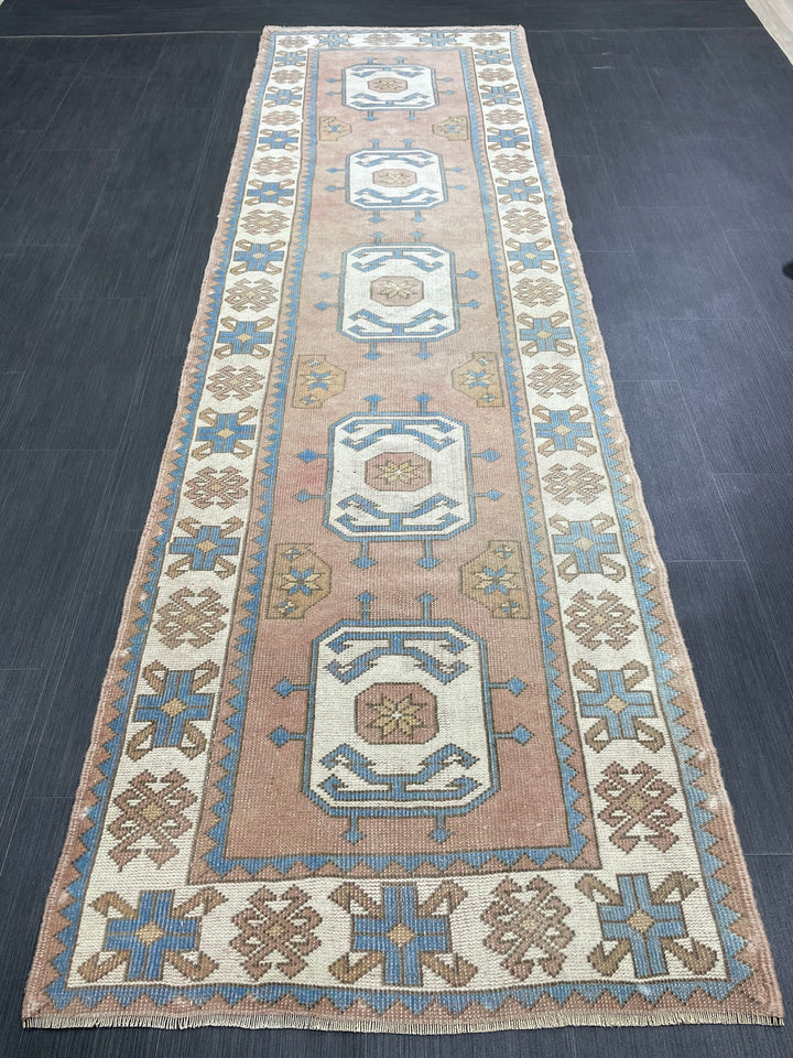 Beige Turkish Runner Rug 3' 1" x 10' 4" Hand-Knotted border
