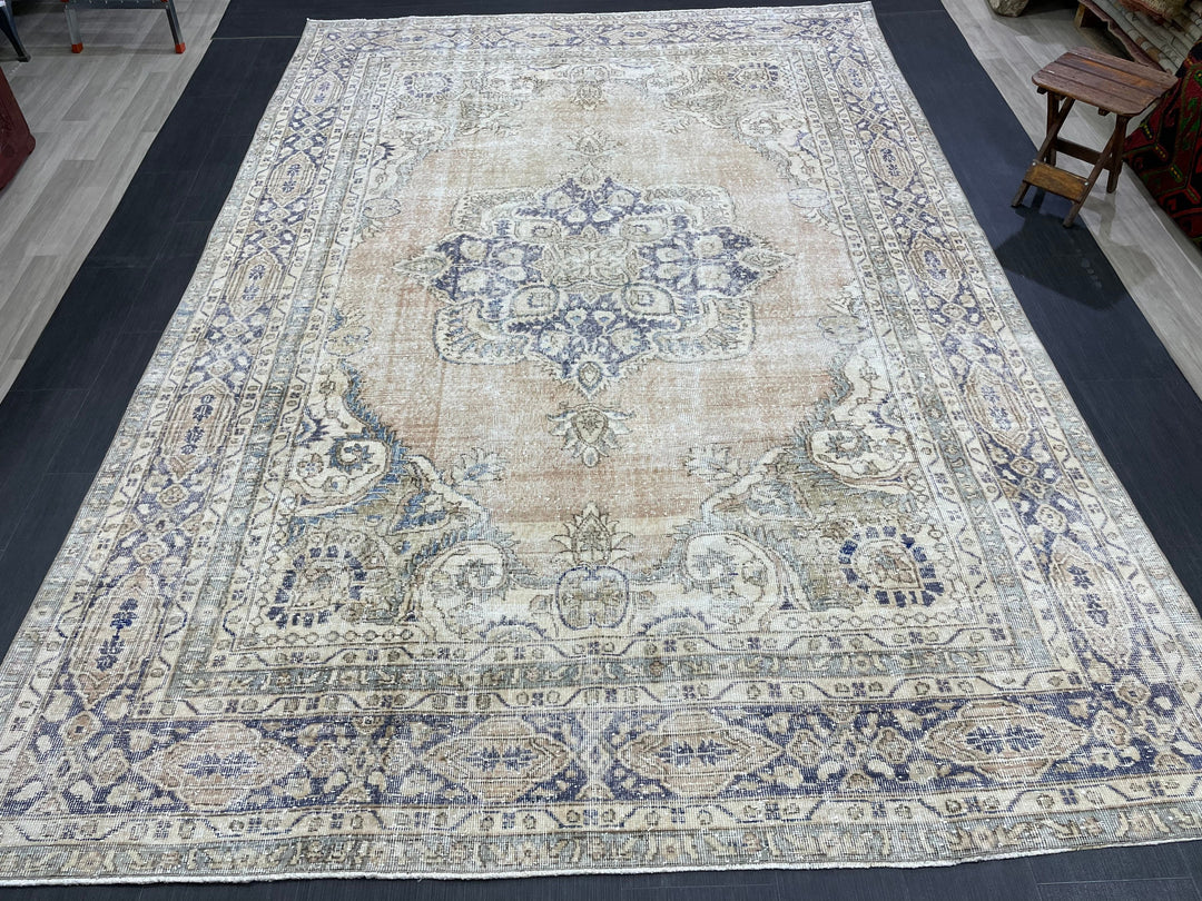 Beige Turkish Oushak Rug 7' 5" x 10' 8" Hand-Knotted reverse
