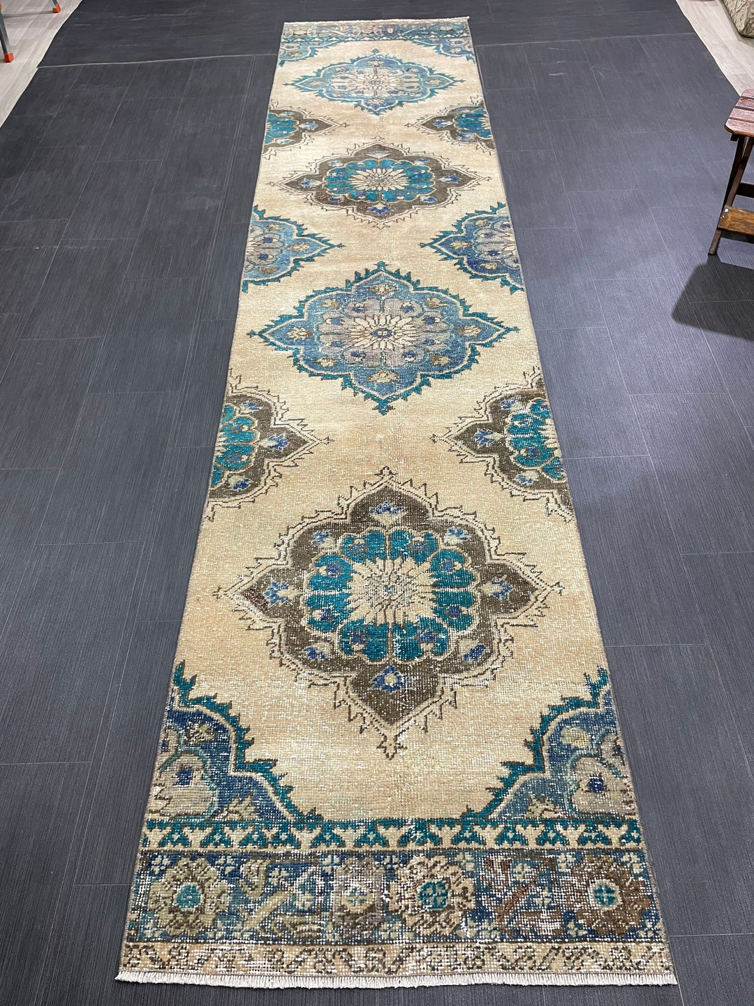 Beige Turkish Distressed Runner Rug 2' 9" x 12' 5" Hand-Knotted | No. WR49870