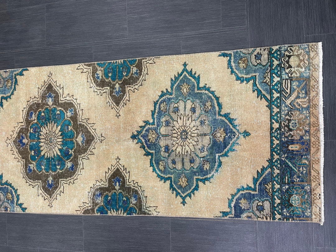 Beige Turkish Distressed Runner Rug 2' 9" x 12' 5" Hand-Knotted | No. WR49870