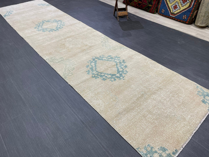 Beige Turkish Runner Rug 3' x 12' 1" Hand-Knotted