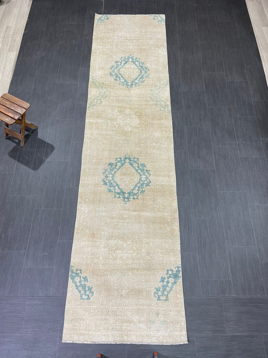 Beige Turkish Runner Rug 3' x 12' 1" Hand-Knotted detail