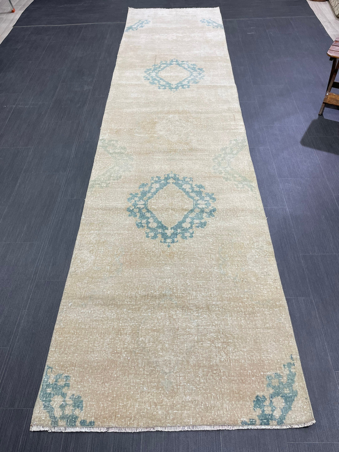 Beige Turkish Runner Rug 3' x 12' 1" Hand-Knotted close-up