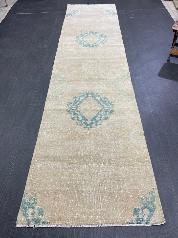 Beige Turkish Runner Rug 3' x 12' 1" Hand-Knotted close-up