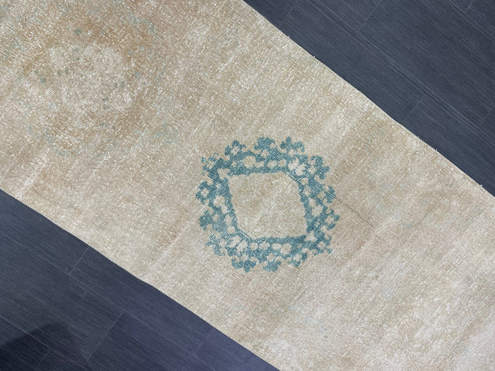 Beige Turkish Runner Rug 3' x 12' 1" Hand-Knotted reverse