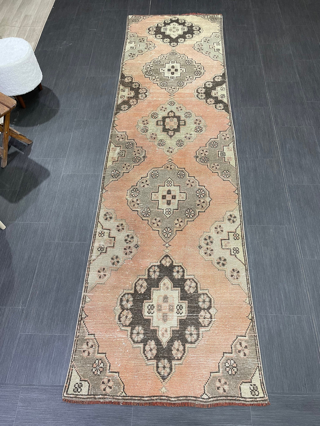 Beige Turkish Runner Rug 2' 9" x 10' 4" Hand-Knotted close-up
