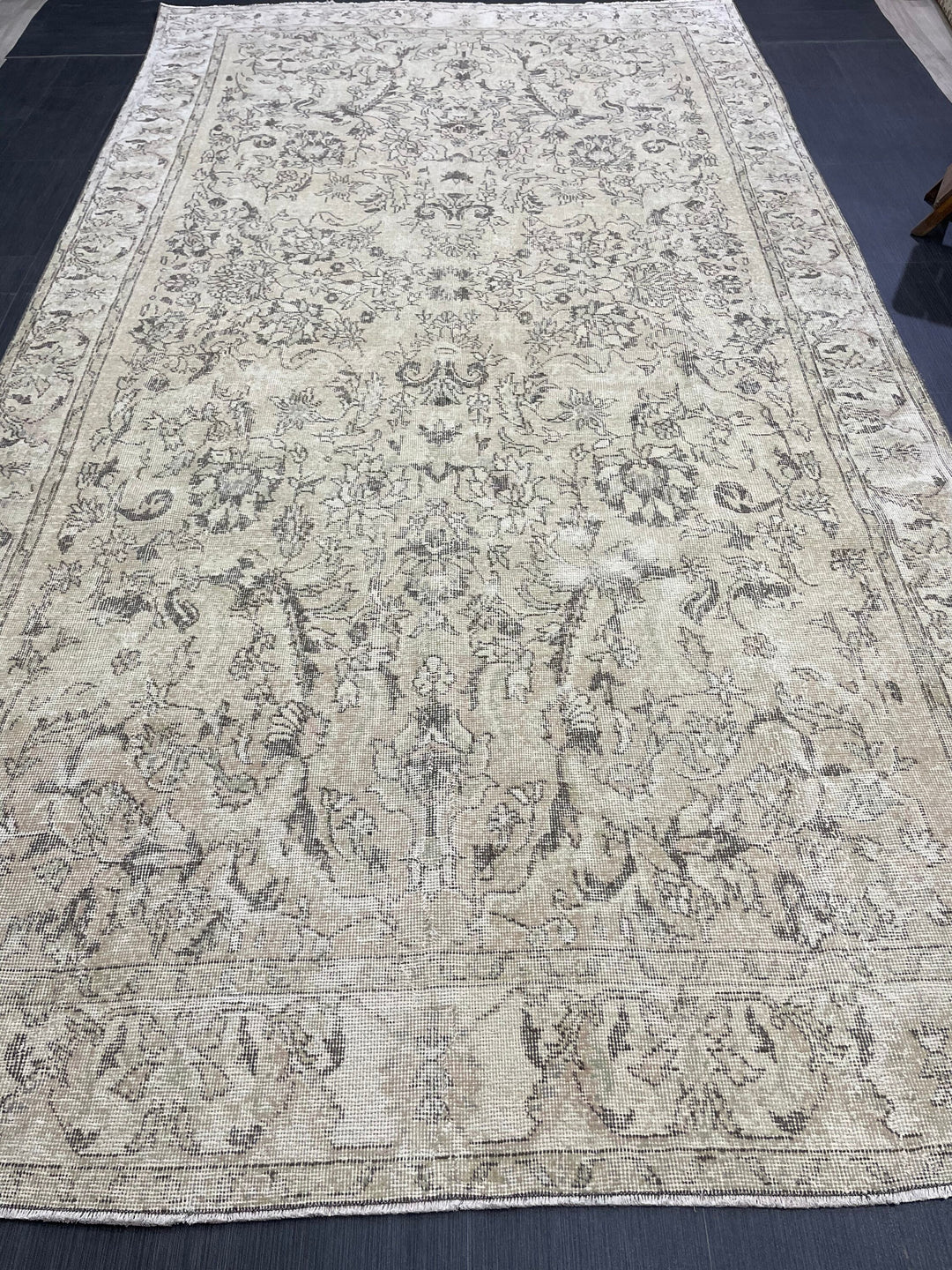 Beige Turkish Distressed Oushak Rug 6' 2" x 12' Hand-Knotted | No. WR26191