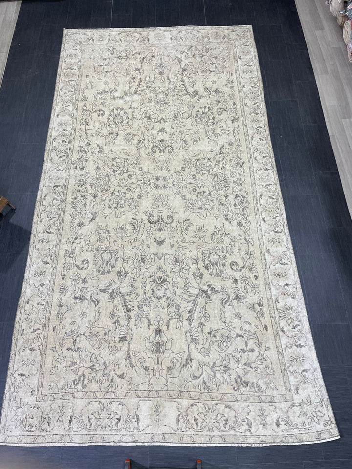Beige Turkish Distressed Oushak Rug 6' 2" x 12' Hand-Knotted | No. WR26191
