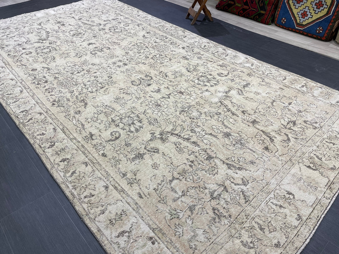 Beige Turkish Distressed Oushak Rug 6' 2" x 12' Hand-Knotted | No. WR26191