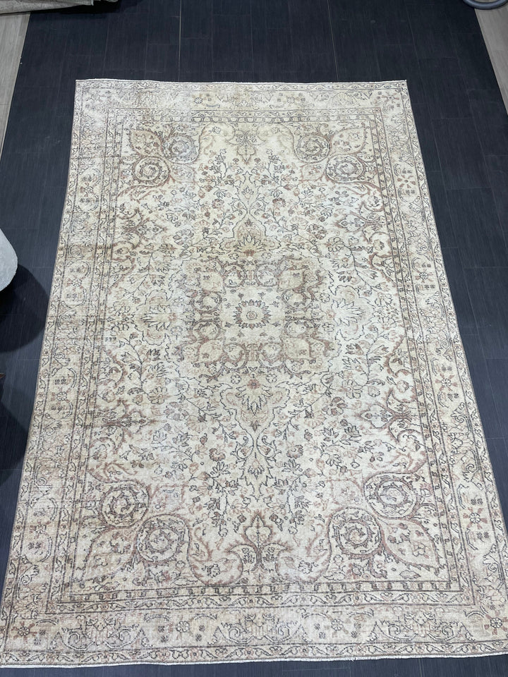 Beige Turkish Oushak Rug 6' 5" x 9' 9" Hand-Knotted border