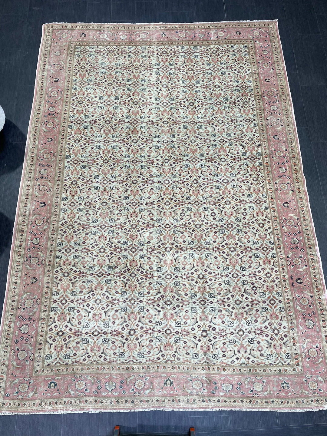 Beige Turkish Runner Rug 6' 4" x 9' 3" Hand-Knotted close-up