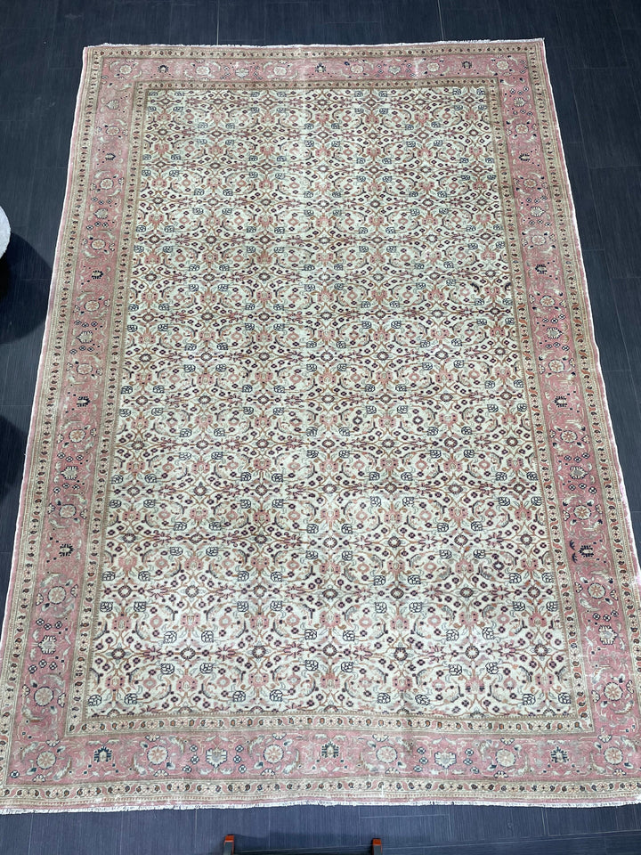 Beige Turkish Runner Rug 6' 4" x 9' 3" Hand-Knotted close-up