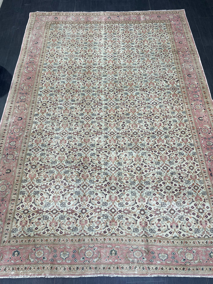 Beige Turkish Runner Rug 6' 4" x 9' 3" Hand-Knotted border