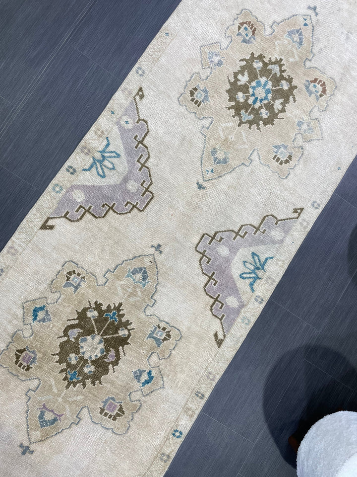 Beige Turkish Runner Rug 3' 1" x 11' 4" Hand-Knotted pattern