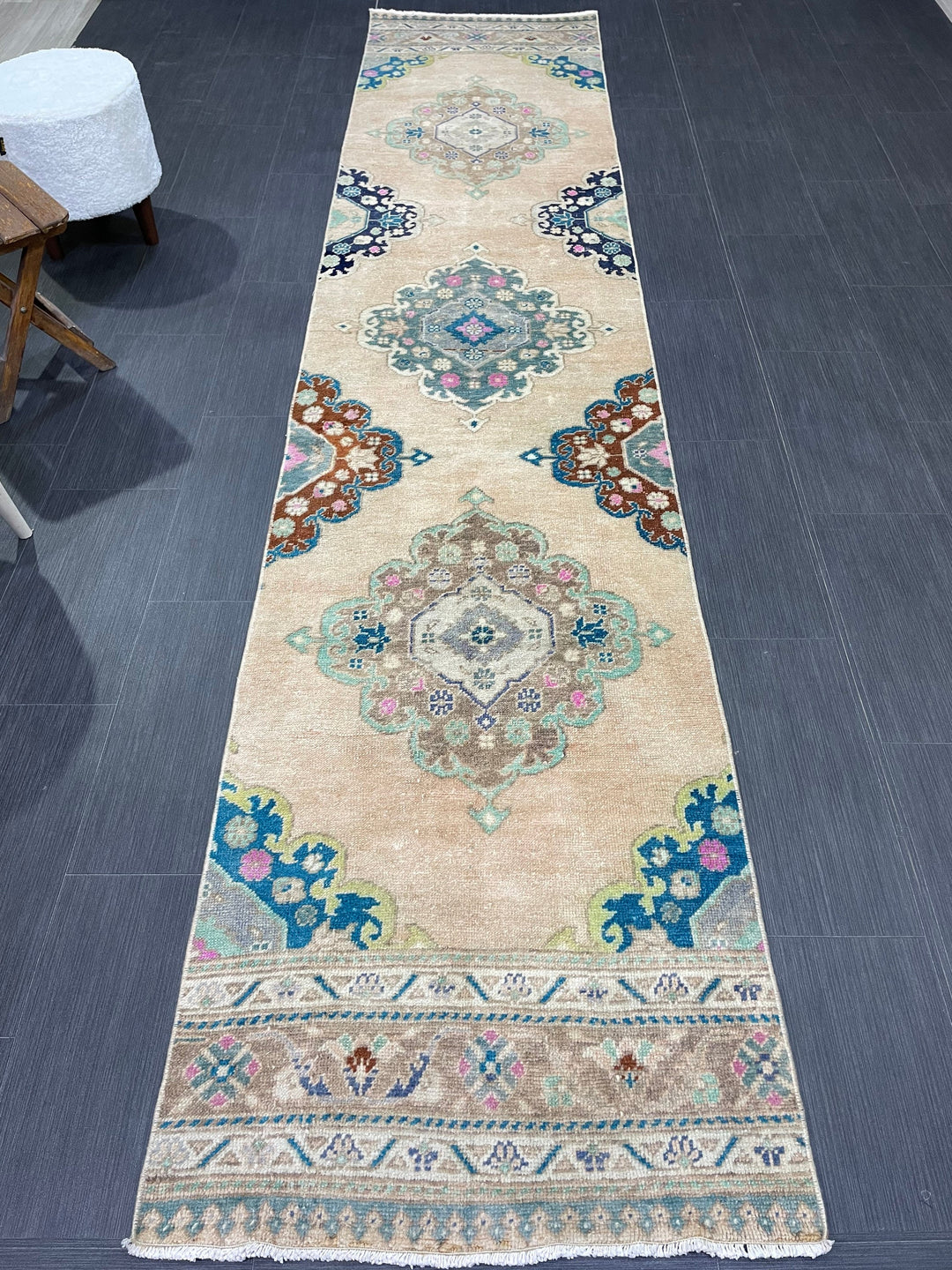 Beige Turkish Runner Rug 2' 6" x 11' 7" Hand-Knotted reverse