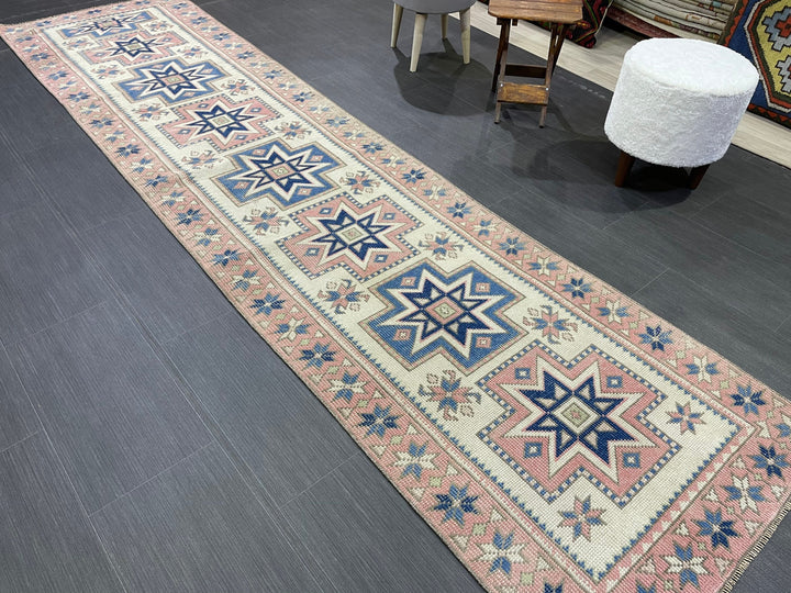 Beige Turkish Distressed Runner Rug 2' 7" x 10' 4" Hand-Knotted | No. WR66301