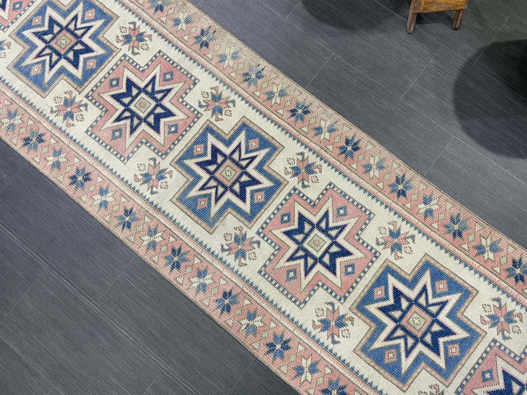 Beige Turkish Distressed Runner Rug 2' 7" x 10' 4" Hand-Knotted | No. WR66301