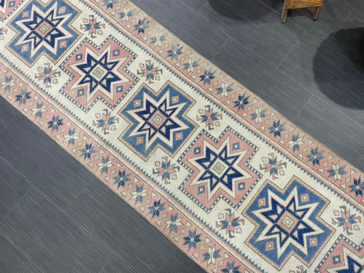 Beige Turkish Distressed Runner Rug 2' 7" x 10' 4" Hand-Knotted | No. WR66301